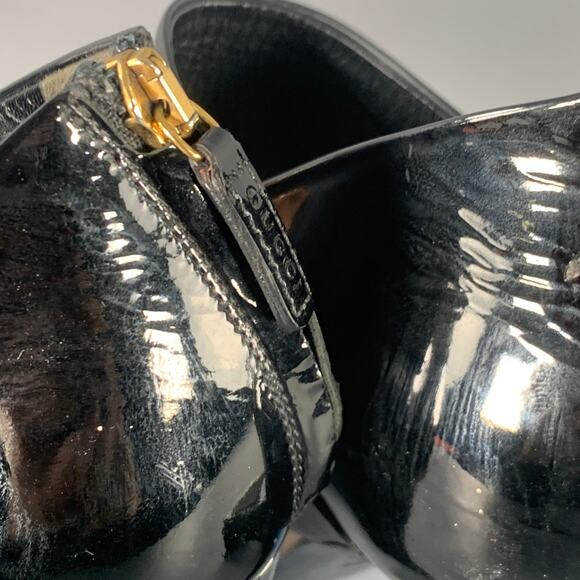GUCCI Size 8.5 Black Gold Suede Patent Leather Ankle Sandals - Picture 11 of 11
